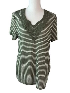 Rafaella Olive and White Striped Crochet V-Neck Short Sleeve Top L